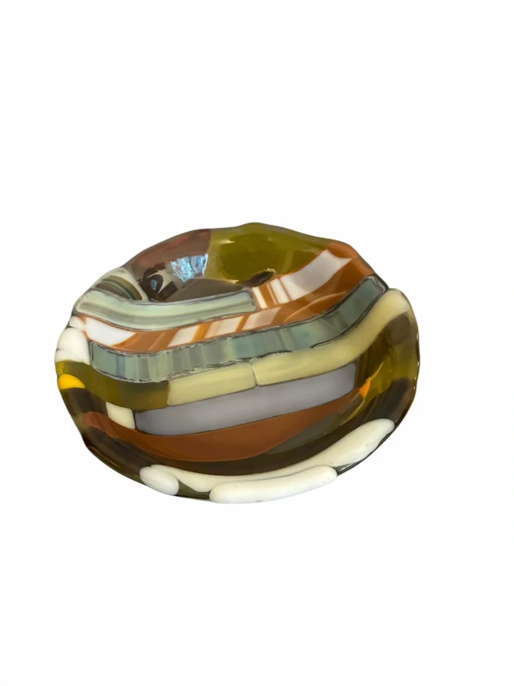 Artisan Fused Glass Trinket Dish Earthy Striped Brown Gray Cream Decor Bowl